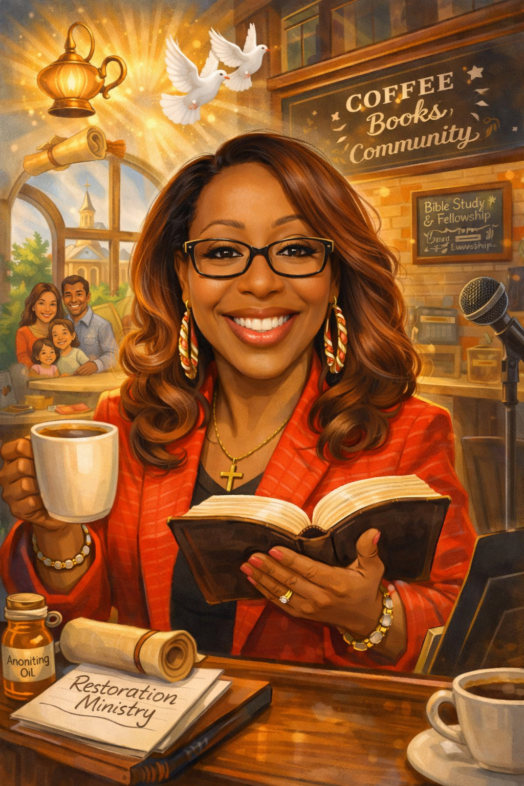 Illustrated portrait of Dr. Apostle Pastor Angela Cantrell holding coffee and a Bible