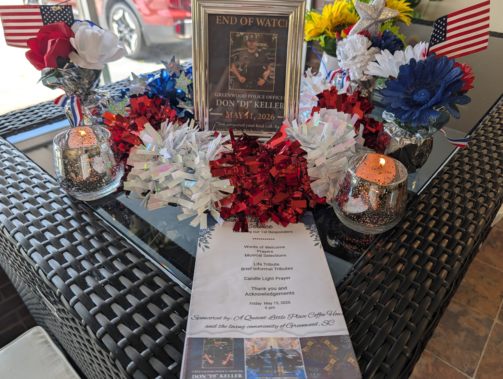 Community memorial arrangement at the coffeehouse